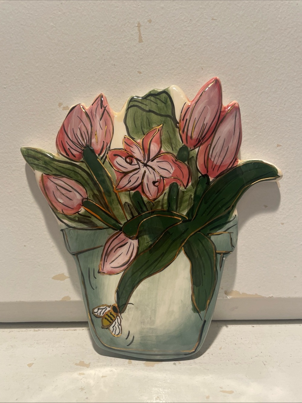 Blue Sky Hand Painted By Heather Goldminc Ceramic Pink Tulips Wall Hanging.